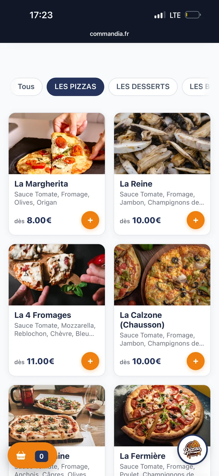 Carte en ligne d'un restaurant avec les photos des plats et un bouton d'ajout au panier