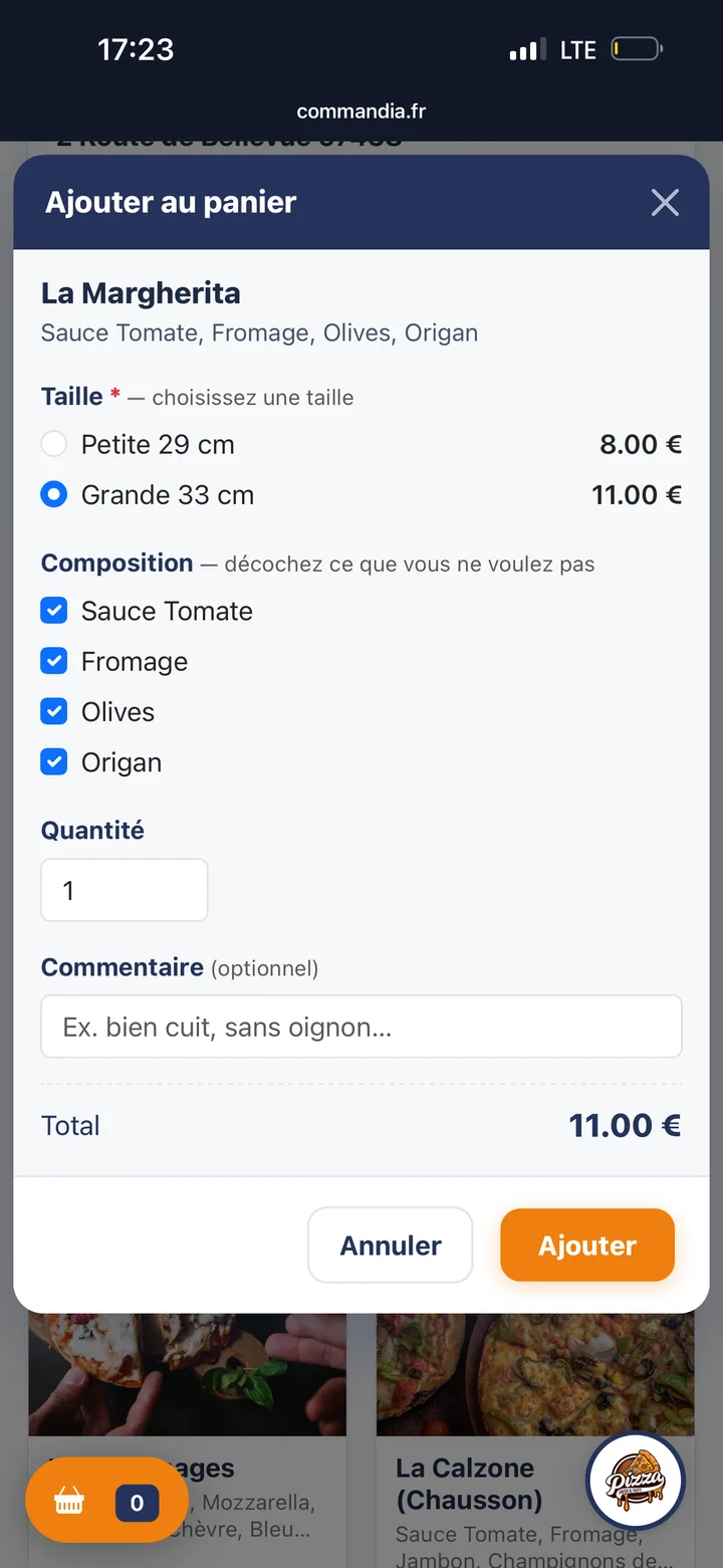 Fenêtre d'ajout au panier avec le choix de la taille et de la composition