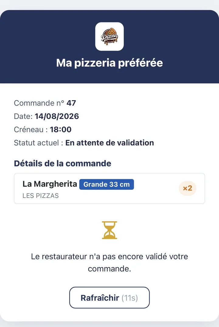 Page de suivi de commande affichant le statut en attente de validation
