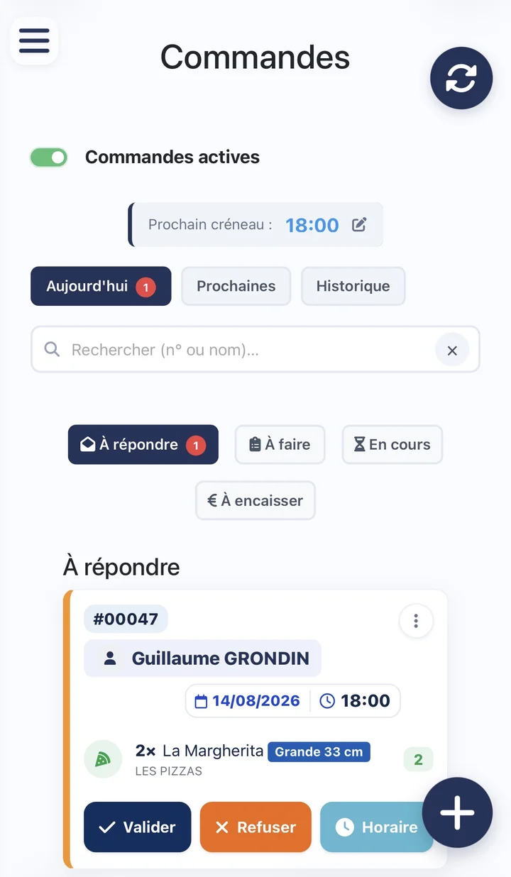 Tableau de bord des commandes côté restaurateur avec les boutons valider, refuser et horaire
