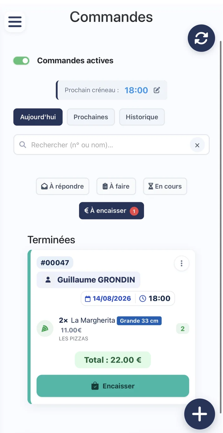 Commande terminée avec le total et le bouton Encaisser